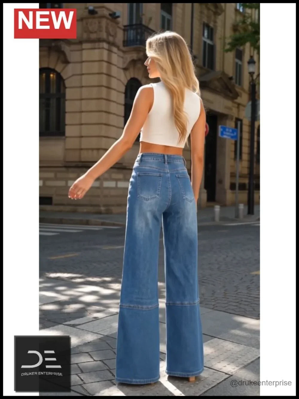 High Waisted Flared Bell Bottom Jeans with Raw Hem - Stretch Cotton Denim Pants